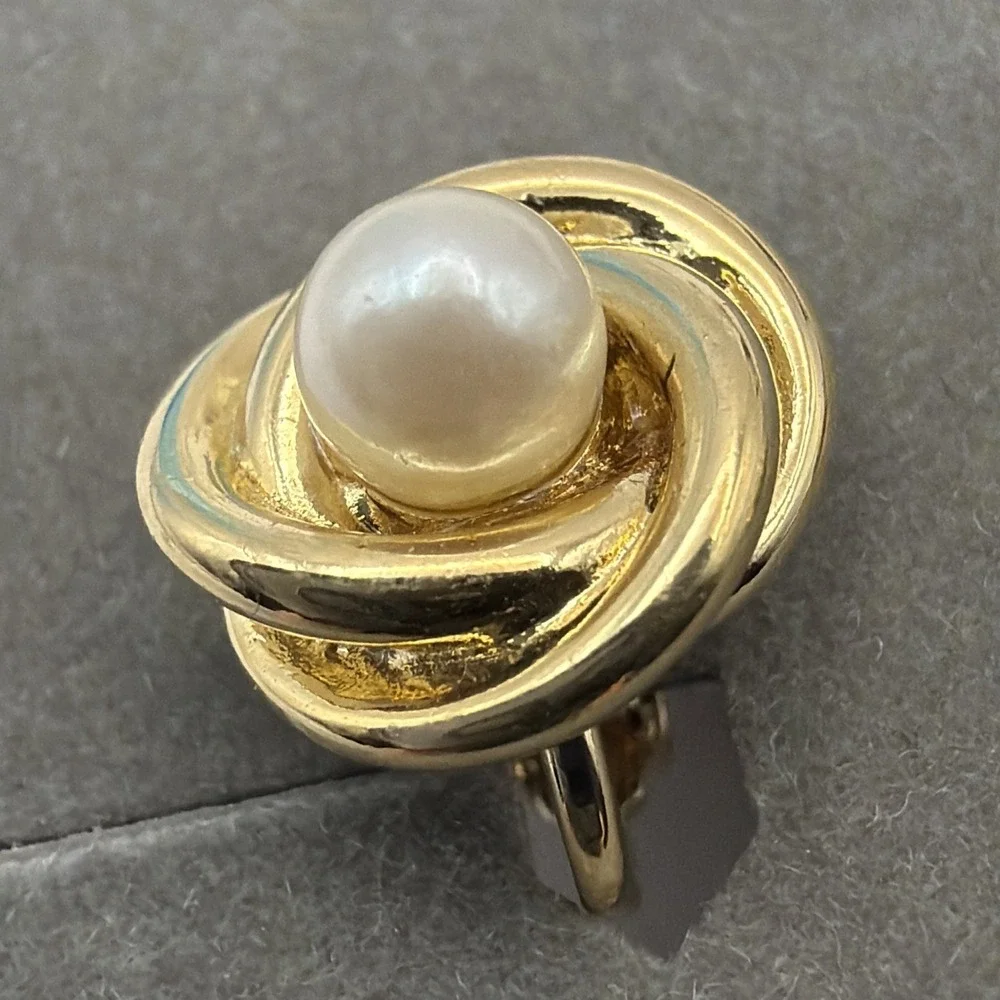 Trifari Faux Pearl Gold Tone Clip On Earrings, Approx. 1/2
